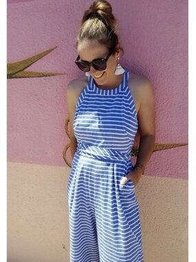 Striped Blue Halter-Waist Jumpsuit with Pockets